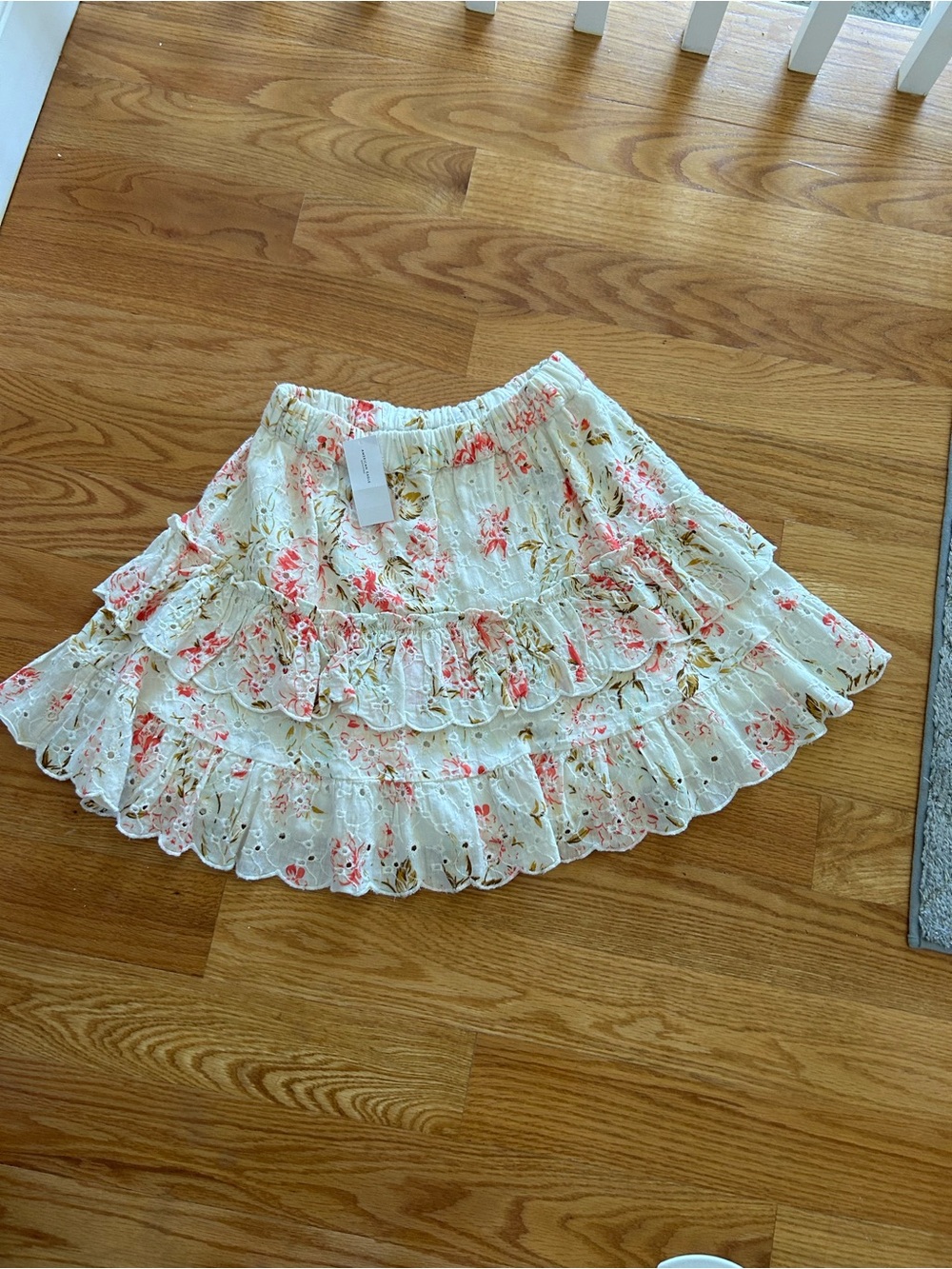 American Eagle Outfitters eyelet Cream Mini Skirt with Pink Floral Print